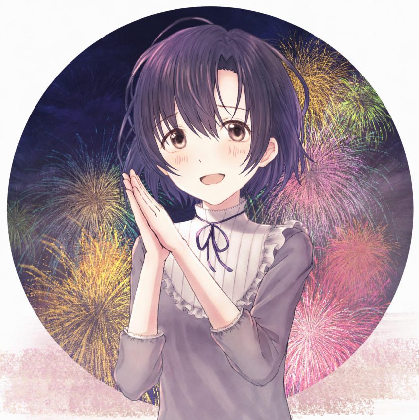 1girl black_hair blush brown_eyes commentary_request eyebrows_visible_through_hair fireworks frills hands_together highres idolmaster idolmaster_cinderella_girls looking_at_viewer neck_ribbon open_mouth own_hands_together ribbon shiragiku_hotaru shirt short_hair smile solo tanbo_no_ta upper_body
