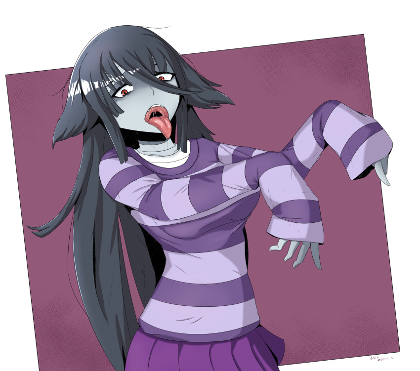 1girl bandage black_hair hair_between_eyes highres long_hair open_mouth pleated_skirt red_eyes saliva skirt solo striped striped_sweater sweater tongue vatx yamada_tae zombie zombie_land_saga