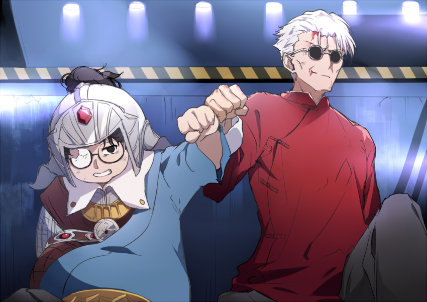 2boys black_eyes blood broken_eyewear changpao chinese_clothes clenched_teeth closed_mouth fate/grand_order fate_(series) fist_bump glasses han_xin_(fate/grand_order) helmet li_shuwen_(fate) looking_at_another male_focus multiple_boys older round_eyewear teeth tsuedzu white_hair