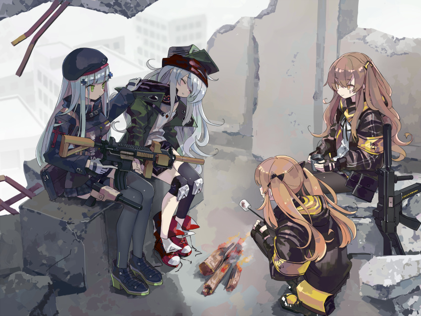 armband assault_rifle bangs beret black_bow black_hat black_jacket black_shorts blunt_bangs bow brown_eyes brown_hair building closed_eyes coat crossed_bangs eyebrows_visible_through_hair facial_mark fingerless_gloves fire food g11_(girls_frontline) girls_frontline gloves green_eyes green_hat green_jacket gun hair_ornament hat highres hiyo_moo hk416_(girls_frontline) holding holding_gun holding_weapon hood hood_down hooded_jacket jacket knee_pads long_hair looking_at_another marshmallow one_side_up open_clothes open_coat open_jacket rifle ruins scar scar_across_eye scarf_on_head shorts silver_hair sitting sleeping smile squatting submachine_gun teardrop twintails ump45_(girls_frontline) ump9_(girls_frontline) weapon