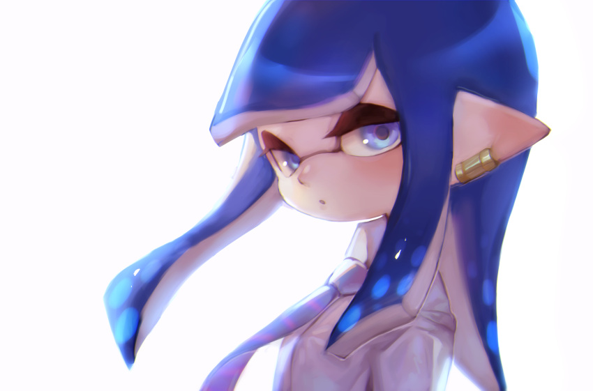 1girl :o blue_eyes blue_hair blue_neckwear collared_shirt domino_mask earrings highres inkling jewelry long_hair mask necktie open_mouth pikyuu pointy_ears shirt solo splatoon splatoon_(series) splatoon_2 tentacle_hair upper_body white_shirt