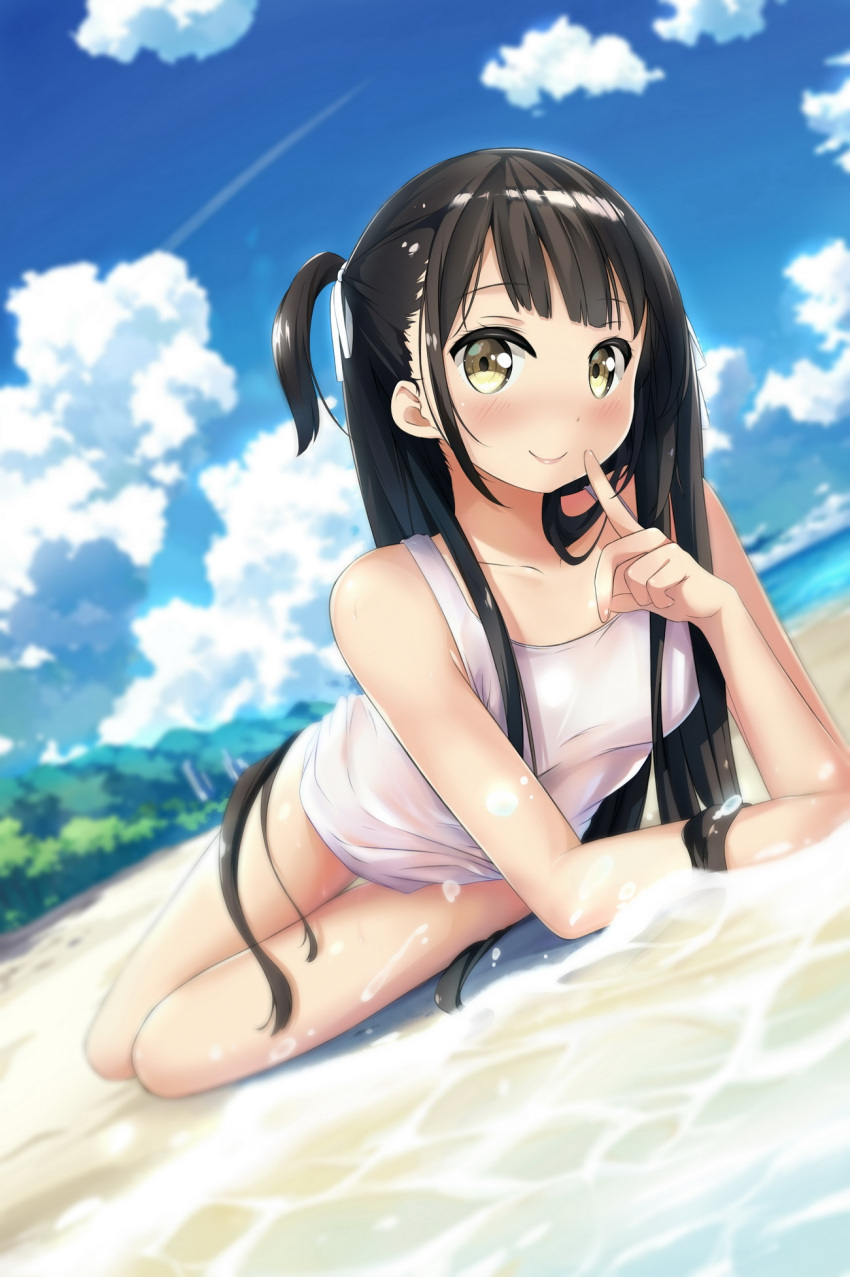 1girl beach black_hair blue_sky blurry blurry_background blush bottomless breasts clouds collarbone day finger_to_mouth hair_ribbon highres index_finger_raised kuro_neko_(yxmikan) long_hair looking_at_viewer lying on_side one_side_up original outdoors ribbon shiny shiny_hair shirt sky sleeveless sleeveless_shirt small_breasts smile solo very_long_hair water wet wet_clothes wet_shirt white_ribbon white_shirt yellow_eyes