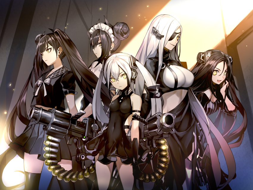 5girls 6688km agent_(girls_frontline) alchemist_(girls_frontline) android bangs bare_shoulders black_gloves black_hair black_legwear black_serafuku black_skirt bow breasts cleavage closed_mouth collarbone covered_navel destroyer_(girls_frontline) double_bun dreamer_(girls_frontline) dress expressionless eyepatch fingerless_gloves gas_mask girls_frontline gloves gun hair_between_eyes hair_ornament highres large_breasts light_particles long_hair looking_at_viewer maid maid_headdress medium_breasts multiple_girls open_mouth ouroboros_(girls_frontline) pale_skin pleated_skirt red_eyes sangvis_ferri school_uniform serafuku side_cutout sidelocks silver_hair skirt smile standing striped striped_dress thigh-highs twintails vertical_stripes very_long_hair weapon white_hair yellow_eyes