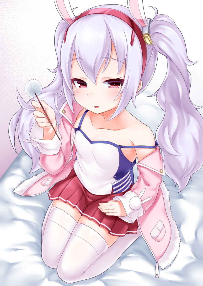 1girl animal_ears azur_lane bangs bed_sheet blush breasts camisole collarbone eyebrows_visible_through_hair fingernails fur-trimmed_jacket fur_trim grey_hair hair_between_eyes hair_ornament hairband heart highres holding jacket kirisame_mia laffey_(azur_lane) long_sleeves looking_at_viewer mimikaki open_clothes open_jacket parted_lips pink_jacket pleated_skirt rabbit_ears red_eyes red_hairband red_skirt seiza sitting skirt sleeves_past_wrists small_breasts smile solo strap_slip thigh-highs twintails white_camisole white_legwear