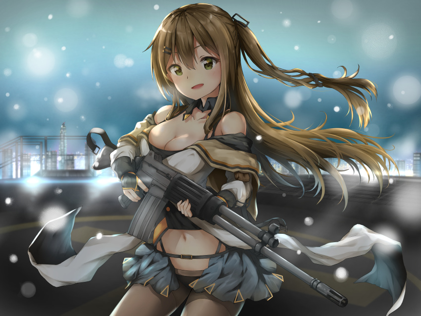 1girl :d absurdres assault_rifle backlighting bangs bare_shoulders black_panties black_shirt blue_skirt blue_sky blurry blush bokeh breasts brown_hair brown_legwear building city cityscape cleavage commentary_request contrapposto cowboy_shot crop_top daewoo_k2 depth_of_field detached_collar floating_hair girls_frontline green_eyes gun hair_between_eyes hair_ornament hairclip helipad highres holding holding_gun holding_weapon huge_filesize jacket k-2_(girls_frontline) long_hair long_sleeves looking_at_viewer medium_breasts midriff miniskirt navel off_shoulder one_side_up open_mouth outdoors panties panties_over_pantyhose pantyhose pleated_skirt raidensan rifle rooftop shirt showgirl_skirt sidelocks skirt sky skyline skyscraper smile solo standing stomach underwear weapon white_jacket