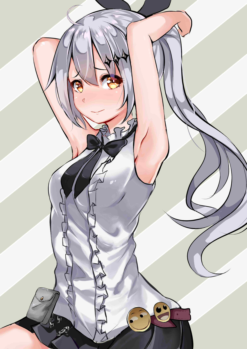 1girl absurdres ahoge armpits arms_up bangs bare_arms bare_shoulders black_bow black_ribbon black_skirt blush bow breasts brown_eyes chains commentary diagonal-striped_background diagonal_stripes eyebrows_visible_through_hair five-seven_(girls_frontline) girls_frontline grey_hair grey_skirt hair_between_eyes hair_ornament hair_ribbon highres long_hair looking_at_viewer medium_breasts pleated_skirt ponytail ribbon shirt sidelocks sitting skirt sleeveless sleeveless_shirt smiley_face solo striped striped_background trap_(drthumt) very_long_hair