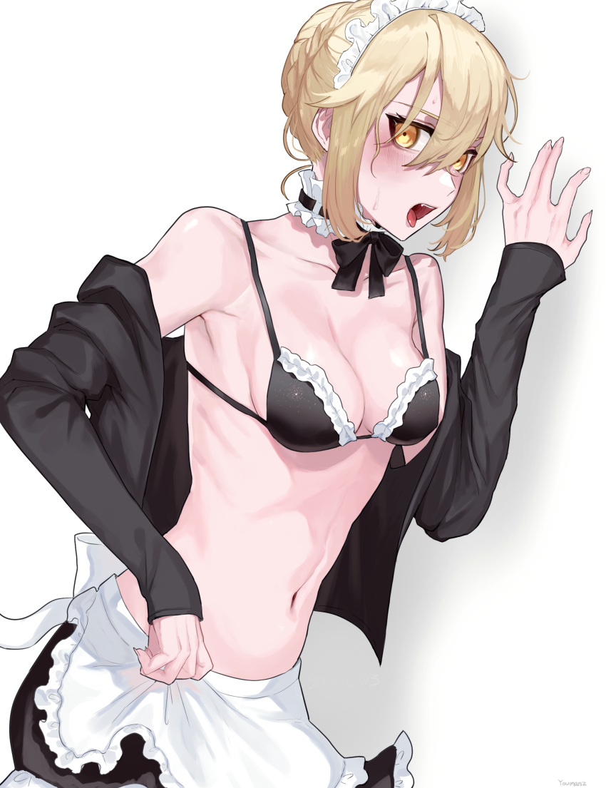 1girl absurdres apron artoria_pendragon_(all) artoria_pendragon_(swimsuit_rider_alter) bikini black_bikini black_jacket black_ribbon black_skirt blonde_hair blush bow breasts choker cleavage clothes_down collarbone fate/grand_order fate_(series) fingernails frilled_bikini_top frilled_skirt frills hair_between_eyes hakisou highres jacket leaning_forward long_fingernails looking_at_viewer maid_headdress medium_breasts miniskirt navel neck_ribbon open_clothes open_jacket open_mouth ribbon short_hair side_ponytail simple_background skirt solo standing sweat swimsuit tongue tongue_out waist_apron white_apron white_background white_bow yellow_eyes