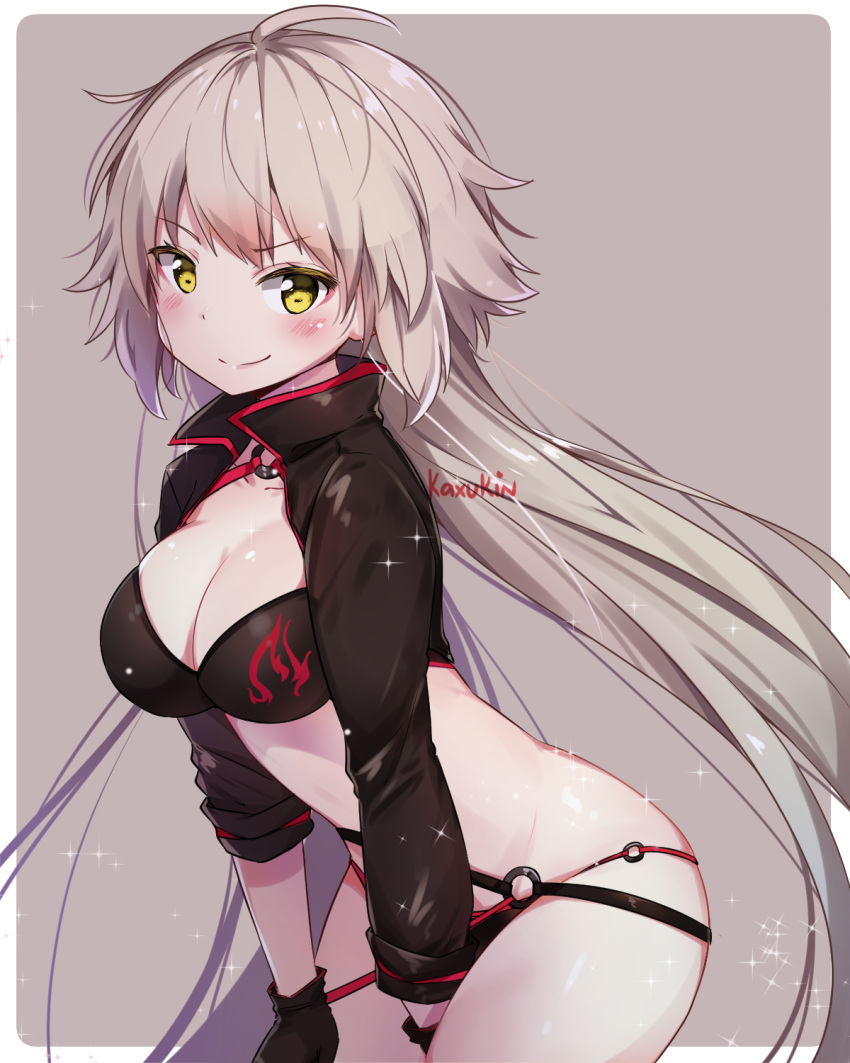1girl ahoge artist_name bangs between_legs bikini black_bikini black_gloves black_jacket blush breasts cleavage closed_mouth cowboy_shot cropped_jacket fate/grand_order fate_(series) flame_print glint gloves grey_background groin hand_between_legs hey_xander highres jacket jeanne_d'arc_(alter_swimsuit_berserker) jeanne_d'arc_(fate)_(all) large_breasts leaning_forward light_particles long_hair looking_at_viewer lowleg lowleg_bikini silver_hair simple_background smile solo standing swimsuit v-shaped_eyebrows very_long_hair yellow_eyes