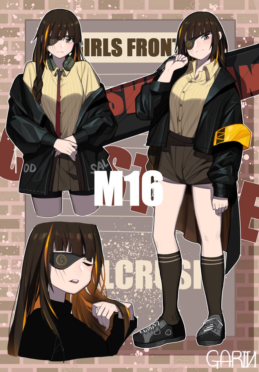 1girl absurdres ankle_socks bangs black_jacket blonde_hair braid brown_hair brown_shorts collared_shirt eyepatch garin girls_frontline gloves gun highres holding jacket long_hair m16a1_(girls_frontline) mole mole_under_eye multicolored_hair off_shoulder scar shirt shoes shorts sneakers solo streaked_hair striped striped_shirt weapon yellow_shirt