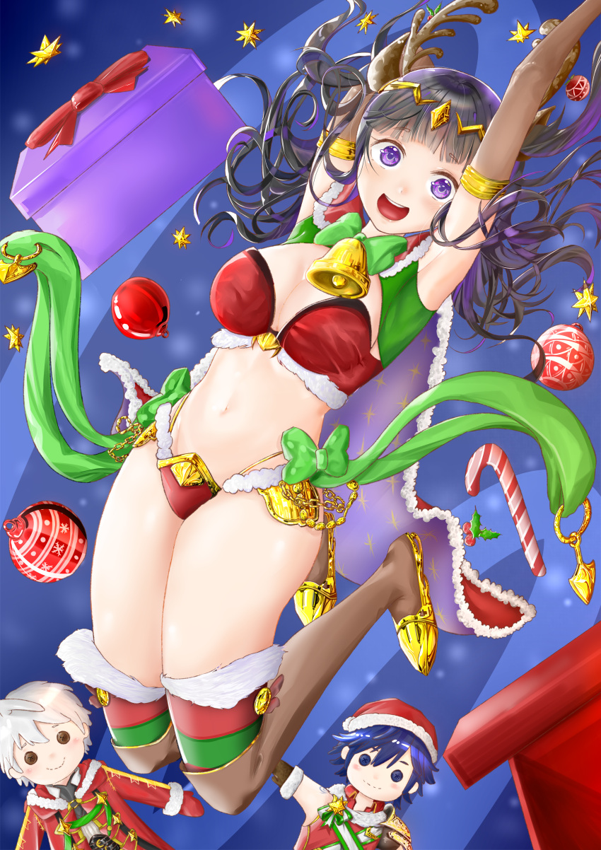 1girl absurdres antlers armlet arms_up bell bell_collar black_hair bow bowtie box breasts candy candy_cane christmas christmas_ornaments circlet cleavage collar doll elbow_gloves eyebrows_visible_through_hair fire_emblem fire_emblem:_kakusei fire_emblem_heroes food fur_trim gift gift_box gloves gold_footwear highres huge_filesize krom long_hair looking_at_viewer medium_breasts midriff mirucchii my_unit_(fire_emblem:_kakusei) navel nintendo open_mouth santa_costume sash smile solo tharja thigh-highs twintails violet_eyes