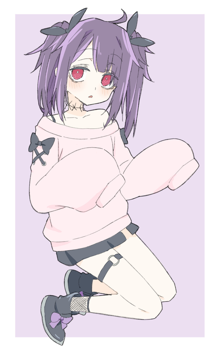 1girl absurdres bangs bare_shoulders black_bow black_footwear black_skirt bow bright_pupils copyright_request donguri_suzume eyebrows_visible_through_hair full_body grey_sweater hair_bow highres legband long_sleeves looking_at_viewer off_shoulder parted_lips purple_background purple_bow purple_hair red_eyes shoe_bow shoes simple_background skirt sleeves_past_fingers sleeves_past_wrists solo sweater twintails zombie