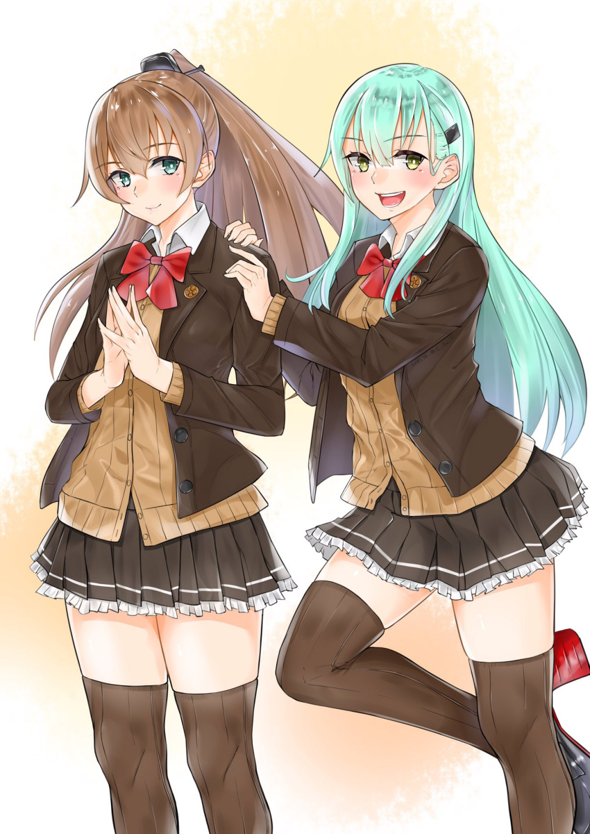 2girls :d aqua_hair ascot blue_eyes bow bowtie brown_cardigan brown_hair brown_jacket brown_legwear c-da eyebrows_visible_through_hair green_eyes hair_between_eyes hair_ornament hairclip highres jacket kantai_collection kumano_(kantai_collection) long_hair looking_at_viewer multiple_girls open_mouth pleated_skirt ponytail red_neckwear remodel_(kantai_collection) school_uniform simple_background skirt smile suzuya_(kantai_collection) thigh-highs white_background