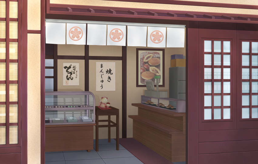 absurdres bakery biako cash_register commentary_request counter display food highres maneki-neko no_humans noren open_door original picture_(object) picture_frame scenery shop sliding_doors storefront table tile_floor tiles translation_request transparent wagashi