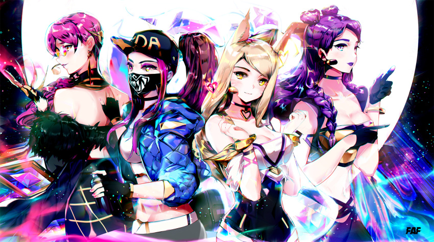 4girls ahri akali animal_ears bare_shoulders baseball_cap black_gloves blonde_hair bracelet breasts choker claws cleavage cropped_jacket double_bun earrings evelynn face_mask feather_trim fingerless_gloves fox_ears glasses gloves hat heart heart_choker heart_earrings heco_(mama) highres idol jacket jewelry k/da_(league_of_legends) k/da_ahri k/da_akali k/da_evelynn k/da_kai'sa kai'sa large_breasts league_of_legends lipstick long_hair looking_at_viewer makeup mask medium_breasts microphone midriff multiple_girls open_clothes open_jacket pince-nez ponytail purple_hair purple_lipstick short_hair single_earring smile spray_can upper_body violet_eyes whisker_markings yellow_eyes