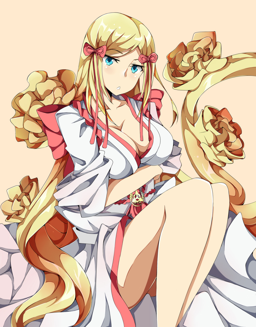 1girl alternate_hairstyle bangs bare_legs blonde_hair blue_eyes bow breasts chestnut_mouth cleavage cosplay flower guilty_gear hair_bow hair_flower hair_ornament highres japanese_clothes kimono large_breasts legs_together long_hair millia_rage mishima_kazumi mishima_kazumi_(cosplay) no_bra olly_(ollycrescent) parted_bangs prehensile_hair simple_background sitting solo tekken tekken_7 very_long_hair white_kimono