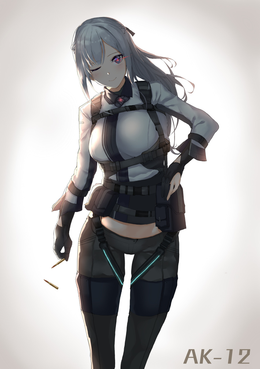 1girl absurdres ak-12_(girls_frontline) ammunition ammunition_belt ammunition_pouch bangs belt_buckle braid buckle closed_mouth eyebrows_visible_through_hair french_braid girls_frontline gloves glowing glowing_eye hand_up highres jacket long_hair long_sleeves looking_at_viewer one_eye_closed pouch ribbon shell_casing silver_hair simple_background smile solo strap teruru_(pixiv_6148103) violet_eyes white_background