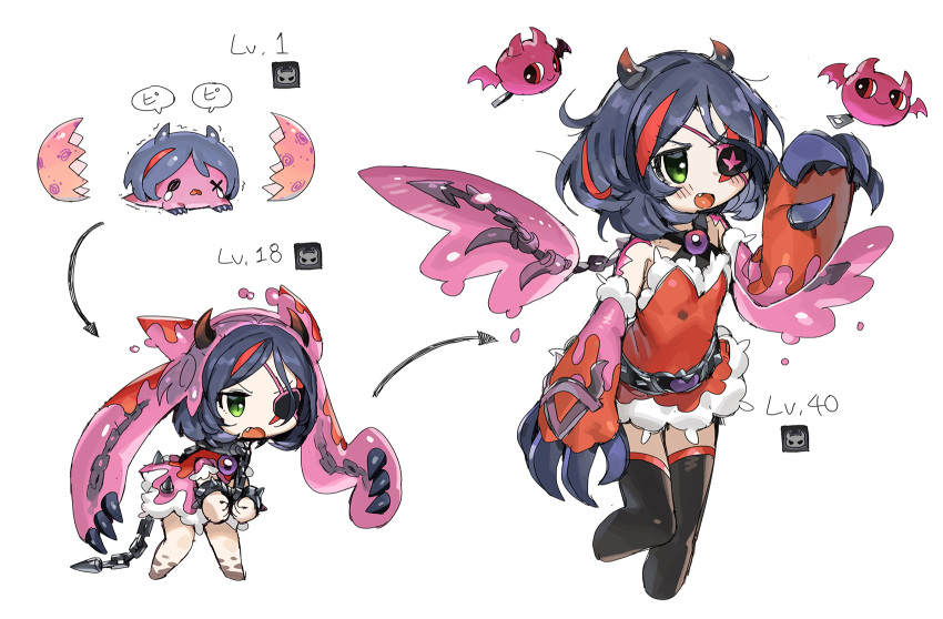 1girl bat belt black_legwear blue_hair chained_wrists chains claws creature cropped_legs cuffs dress egg evolution eyepatch fang green_eyes handcuffs hatching hayasaka_mirei highres horns idolmaster idolmaster_cinderella_girls level_up monster_girl multicolored_hair multiple_views pink_dress red_dress scar scar_across_eye simple_background slime spawnfoxy spiked_belt streaked_hair studded_belt thigh-highs white_background wings zipper_pull_tab