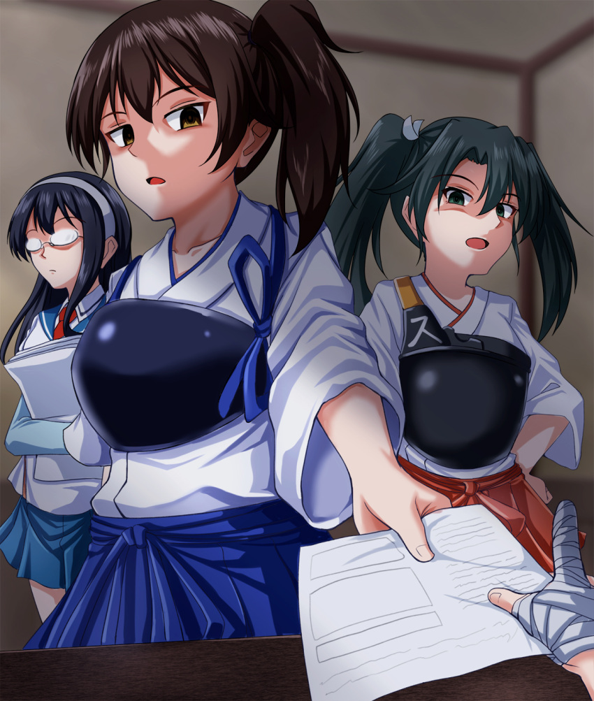 3girls bandage black_hair brown_eyes brown_hair glasses hairband hakama_skirt highres japanese_clothes kaga_(kantai_collection) kantai_collection long_hair multiple_girls muneate ooyodo_(kantai_collection) paper school_uniform semi-rimless_eyewear serafuku shaded_face side_ponytail zanntetu zuikaku_(kantai_collection)