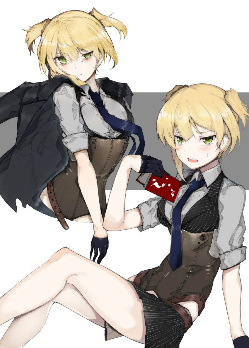 1girl bangs belt black_gloves black_jacket black_vest blonde_hair blue_neckwear blush book braid breasts collared_shirt commentary_request corset ekuesu eyebrows_visible_through_hair girls_frontline gloves green_eyes grey_shirt highres holding jacket looking_at_viewer multiple_views necktie shirt short_hair skirt sleeves_rolled_up small_breasts solo striped_vest sweat twintails vest welrod_mk2_(girls_frontline)