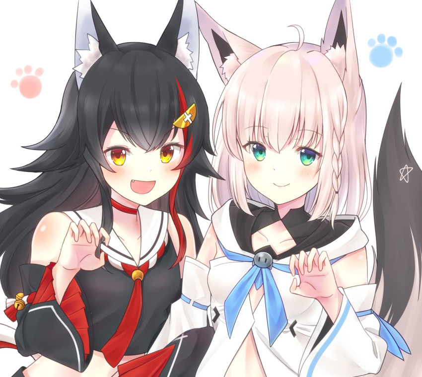 2girls animal_ears black_hair blue_eyes collarbone commentary_request detached_sleeves fang hair_ornament hairclip highres hololive long_hair looking_at_viewer multiple_girls open_mouth paw_pose red_eyes shirakami_fubuki silver_hair simple_background smile tail village_cat virtual_youtuber