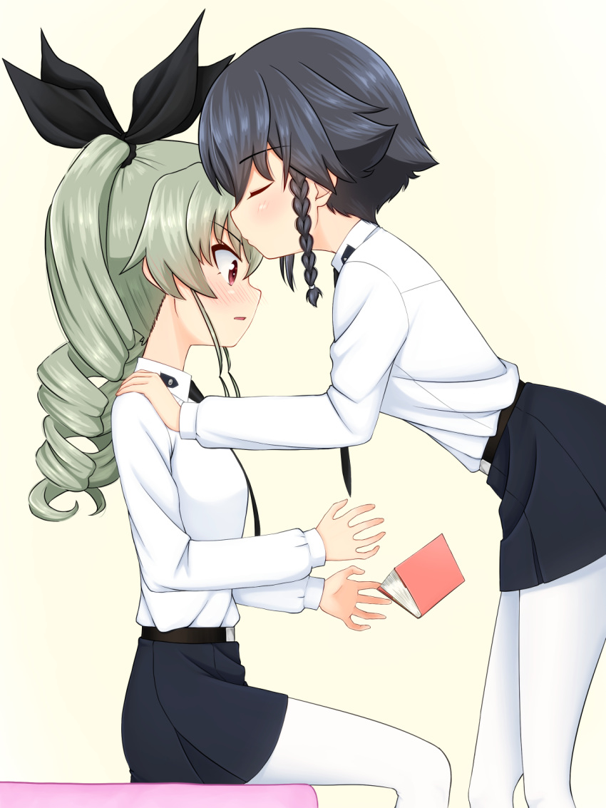 2girls anchovy anzio_school_uniform bangs belt black_belt black_neckwear black_ribbon black_skirt blush book closed_eyes commentary dress_shirt drill_hair dropping emblem eyebrows_visible_through_hair forehead_kiss from_side girls_und_panzer green_hair hair_ribbon hands_on_another's_shoulders highres kiss leaning_forward light_blue_hair long_hair long_sleeves miniskirt multiple_girls necktie pantyhose parted_lips pepperoni_(girls_und_panzer) pleated_skirt red_eyes ribbon ruka_(piyopiyopu) school_uniform shirt short_hair sitting skirt standing surprise_kiss surprised twin_drills twintails white_legwear white_shirt yellow_background yuri