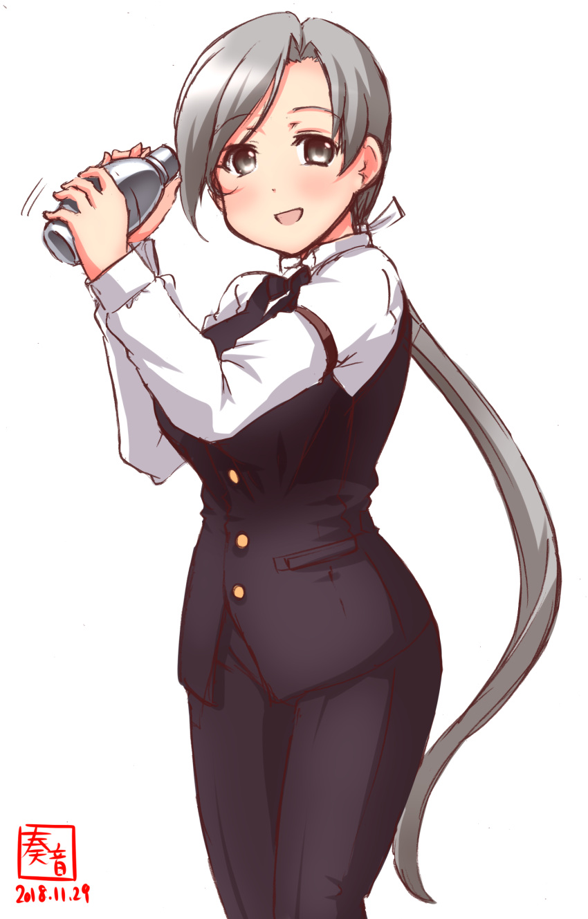 1girl :d absurdres alcohol alternate_costume artist_logo bartender black_pants black_vest bow bowtie breasts chitose_(kantai_collection) cocktail_shaker collared_shirt commentary_request cowboy_shot dated eyebrows_visible_through_hair feet_out_of_frame formal grey_eyes grey_hair hair_between_eyes hair_over_shoulder hair_ribbon highres kanon_(kurogane_knights) kantai_collection long_hair long_sleeves looking_at_viewer medium_breasts open_mouth pant_suit pants pocket ponytail revision ribbon shake shaker shirt simple_background smile solo suit very_long_hair vest white_background white_ribbon white_shirt