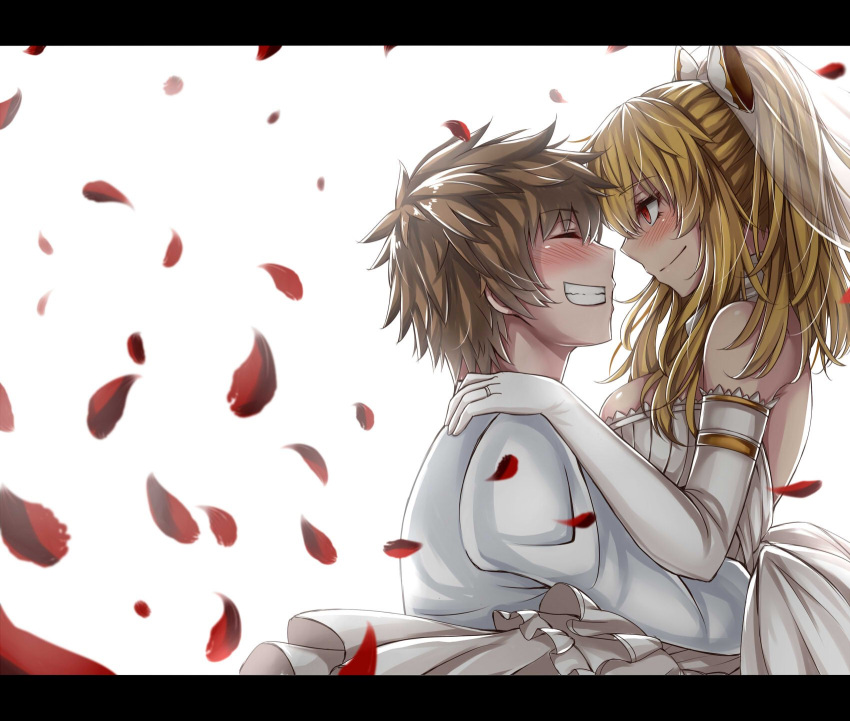 1boy 1girl bare_shoulders blonde_hair blush bow breasts brown_hair character_request closed_eyes closed_mouth commentary_request couple dress elbow_gloves eyebrows_visible_through_hair face-to-face from_side gloves granblue_fantasy hair_between_eyes hair_bow happy hetero highres hug jacket jewelry large_breasts letterboxed long_dress long_sleeves petals profile red_eyes ring rose_petals sanmotogoroo sideways_mouth simple_background smile veil vira_lilie wedding_band wedding_dress white_background white_dress white_gloves white_jacket