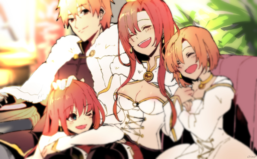 1boy 3girls bangs blue_eyes boudica_(fate/grand_order) breasts cape character_request cleavage closed_eyes closed_mouth collar earrings eyebrows_visible_through_hair fate/grand_order fate_(series) fur_trim hair_between_eyes hand_on_another's_head jacket jewelry large_breasts long_sleeves looking_at_another multiple_girls o-ring o-ring_top open_mouth redhead shrug_(clothing) sitting smile zeromomo