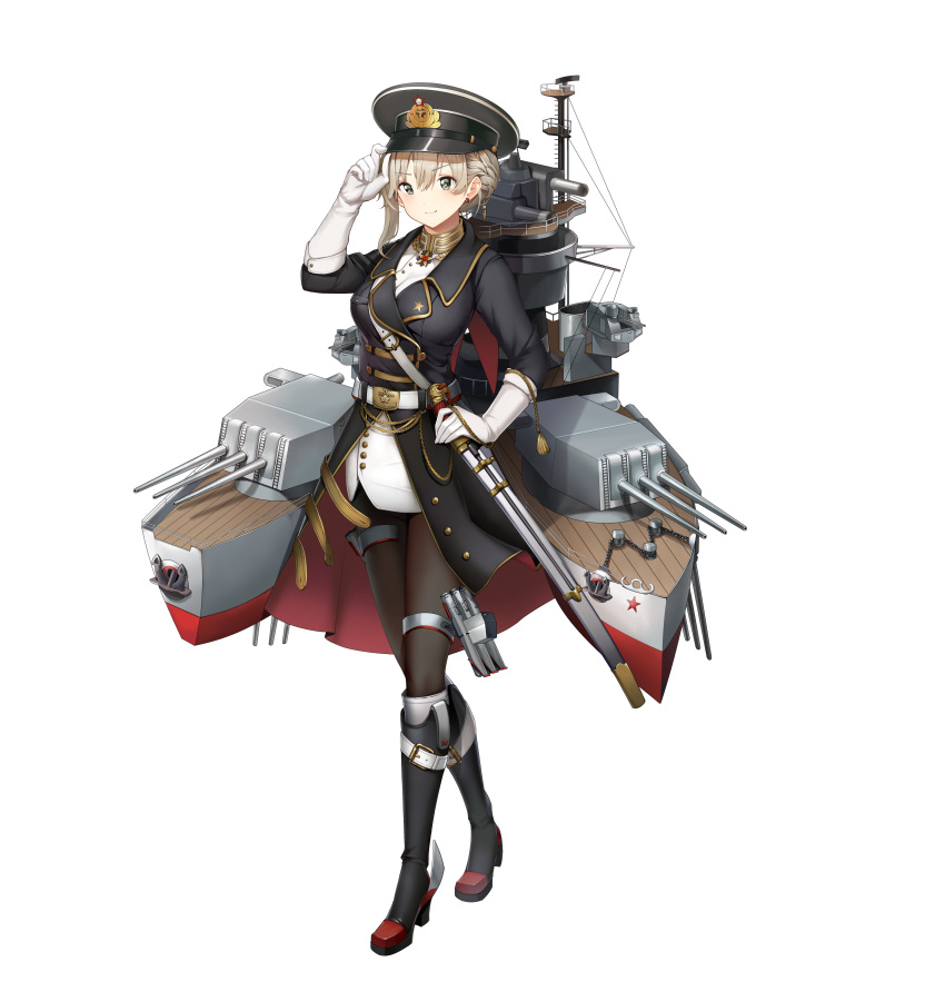 1girl absurdres adjusting_clothes adjusting_hat asymmetrical_hair belt black_coat black_footwear black_legwear boots breast_pocket cannon chaye_(2801185778) commentary_request full_body gloves grey_eyes grey_hair hammer_and_sickle hat highres long_sleeves machinery military military_uniform pantyhose peaked_cap pocket scabbard sheath sheathed smile solo standing steelblue_mirage turret uniform white_belt white_gloves