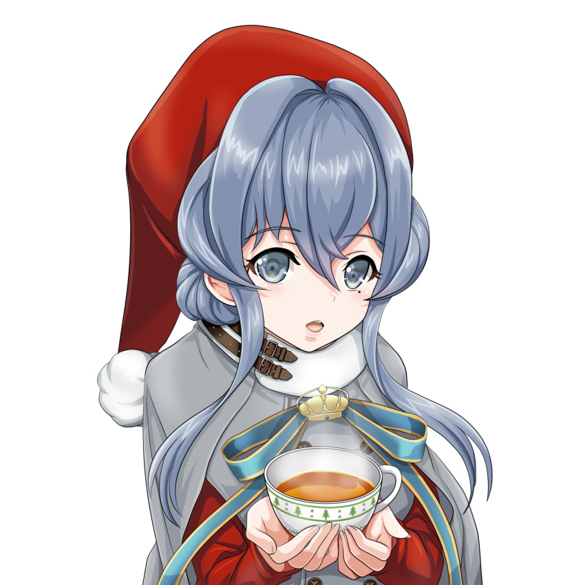 1girl blue_eyes blue_hair christmas commentary_request cup gloves gloves_removed gotland_(kantai_collection) hair_between_eyes hat highres holding holding_cup kantai_collection long_hair long_sleeves mole mole_under_eye santa_costume santa_hat simple_background solo tk8d32 upper_body white_background