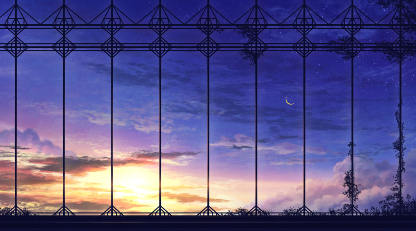 clouds commentary crescent_moon highres indoors moon night night_sky no_humans original plant scenery shi_yu sky star_(sky) sunset vines window