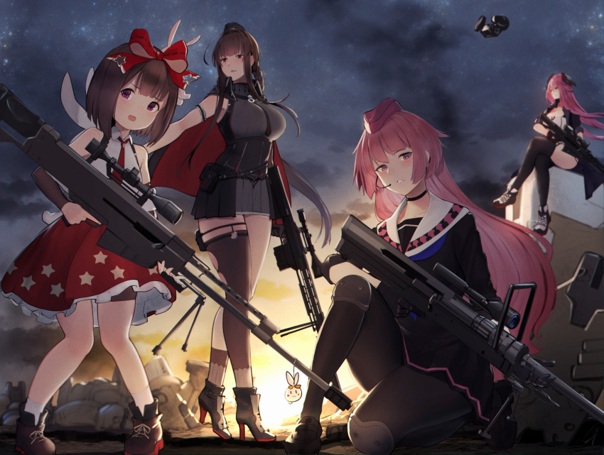 4girls ahoge anti-materiel_rifle bangs bare_shoulders barrett_m82 bike_shorts black_hair blunt_bangs blush boots bow braid breasts brown_hair choker cleavage commentary_request dress dsr-50_(girls_frontline) dsr-50_(weapon) eyebrows_visible_through_hair fingerless_gloves girls_frontline gloves gun hair_bow hair_ornament hat hayabusa headgear high_heel_boots high_heels highres holding jewelry knee_pads large_breasts long_hair long_jacket m82a1_(girls_frontline) m99_(girls_frontline) miniskirt multiple_girls ntw-20 ntw-20_(girls_frontline) open_mouth pantyhose pink_eyes pink_hair pouch rabbit red_bow red_dress red_eyes ribbon rifle scope short_hair sidelocks skirt sniper_rifle thigh-highs thighs underbust very_long_hair violet_eyes weapon white_legwear zijiang_m99