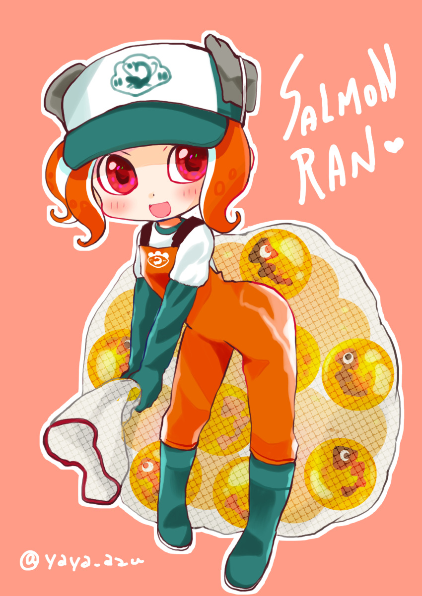 1girl :d agent_8 boots egg elbow_gloves gloves hat heart highres jumpsuit leaning_forward net octoling open_mouth pink_eyes rubber_boots rubber_gloves salmon_run shirt short_hair shoulder_strap smile solo splatoon splatoon_(series) splatoon_2 splatoon_2:_octo_expansion tentacle tentacle_hair white_shirt yaya_(yayaya)
