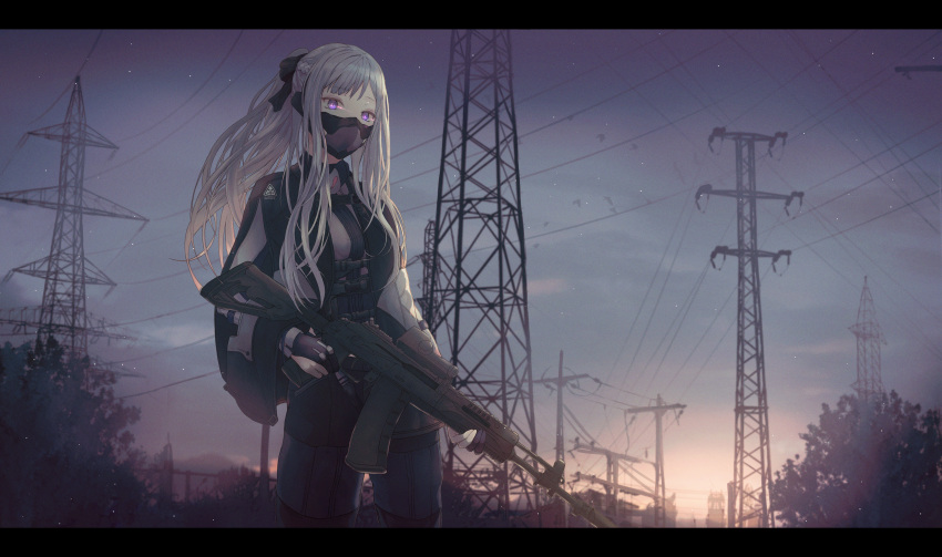 1girl absurdres ak-12 ak-12_(girls_frontline) assault_rifle bangs black_gloves black_ribbon braid breasts cityscape closed_mouth dusk eyebrows_visible_through_hair french_braid gas_mask girls_frontline gloves glowing glowing_eyes gun highres holding holding_gun holding_weapon huge_filesize ita_(itta) jacket letterboxed long_hair long_sleeves looking_at_viewer medium_breasts outdoors ponytail power_lines ribbon rifle scenery sidelocks silver_hair solo sunset very_long_hair violet_eyes weapon