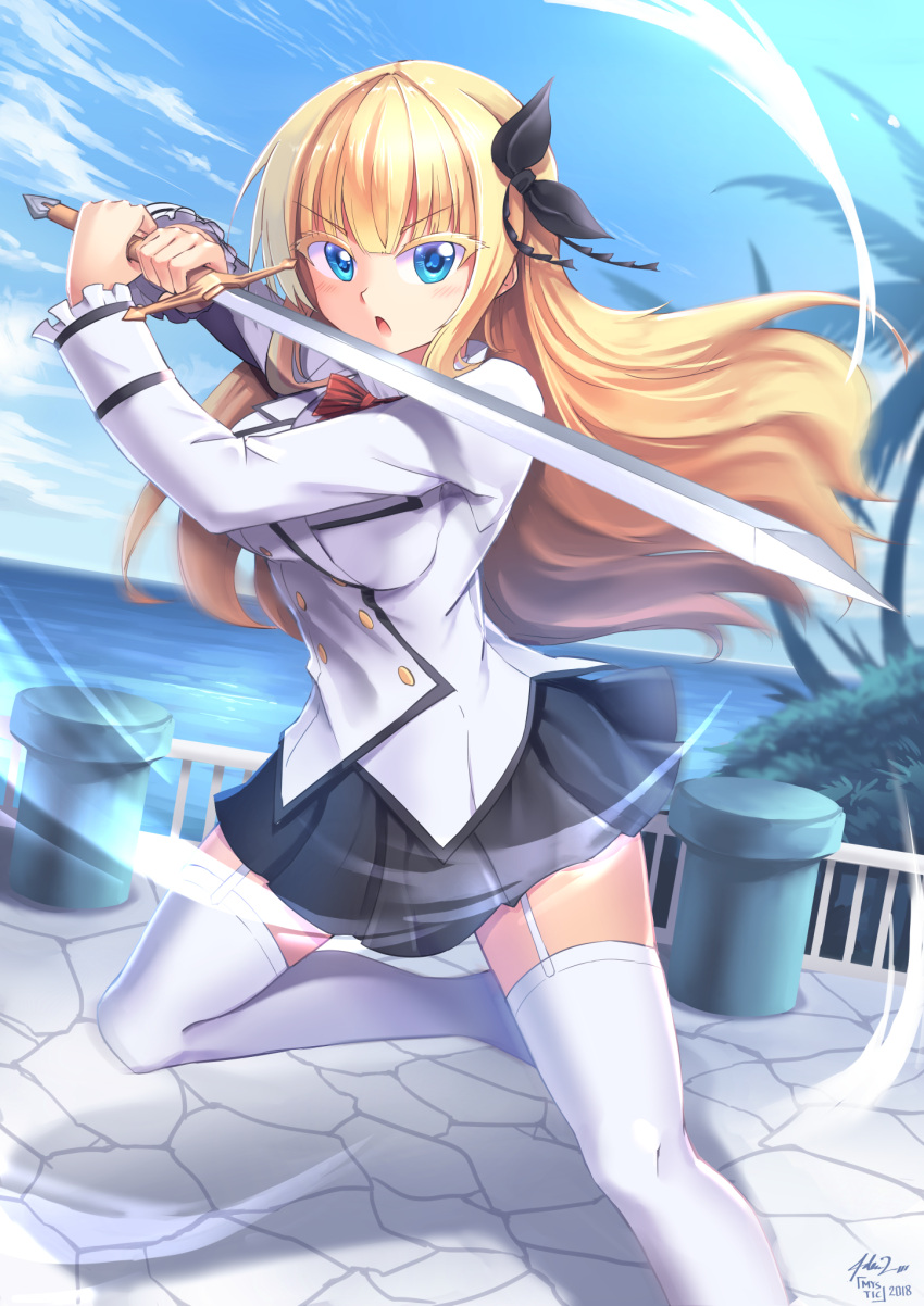 1girl bangs black_bow black_skirt blonde_hair blue_eyes blue_sky blunt_bangs bow bowtie day eyebrows_visible_through_hair floating_hair frilled_sleeves frills garter_straps hair_bow highres holding holding_sword holding_weapon juliet_persia kishuku_gakkou_no_juliet leg_up long_hair long_sleeves loud miniskirt mystic-san ocean open_mouth outdoors palm_tree pleated_skirt red_bow signature skirt sky solo striped striped_bow striped_neckwear sword thigh-highs tree v-shaped_eyebrows very_long_hair vest weapon white_legwear white_vest zettai_ryouiki