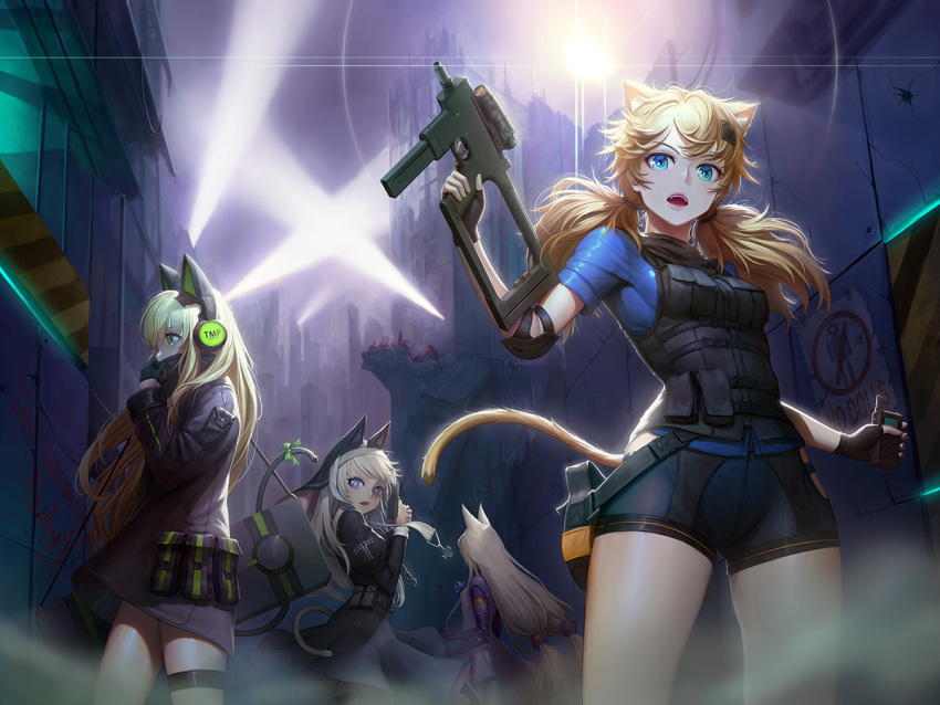 4girls adjusting_clothes animal_ears assault_rifle banajune bangs black_coat black_gloves black_shorts blonde_hair blue_eyes blue_shirt blush bow breasts brown_hair bushman_idw cat_ear_headphones cat_ears cat_tail character_name commentary_request covered_mouth cross dress elbow_pads eyebrows_visible_through_hair finger_on_trigger fingerless_gloves floating_hair g41_(girls_frontline) girls_frontline gloves green_eyes gun h&amp;k_g41 habit hair_between_eyes hair_ornament hairclip handgun headphones heckler_&amp;_koch holding holding_gun holding_walkie-talkie holding_weapon idw_(girls_frontline) jacket leotard lights long_hair long_sleeves looking_at_viewer low-tied_long_hair low_twintails medium_breasts mod3_(girls_frontline) multiple_girls night nun open_mouth outdoors p7 p7_(girls_frontline) pistol pouch revision ribbon rifle ruins shirt shorts sidelocks silver_hair small_breasts snap-fit_buckle steyr_tmp submachine_gun tactical_clothes tail tail_ribbon thigh-highs thigh_strap tmp_(girls_frontline) twintails very_long_hair vest violet_eyes walkie-talkie weapon weapon_case wind