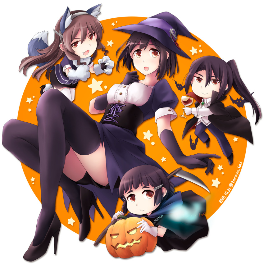 4girls animal_ears ashigara_(kantai_collection) black_cape black_footwear black_gloves black_hair black_legwear braided_bun brown_eyes brown_hair cape chibi circle commentary_request cup dated dress drinking_glass elbow_gloves gloves haguro_(kantai_collection) hair_bun hair_ornament hairband hairclip hat high_heels highres jack-o'-lantern kantai_collection long_hair multiple_girls myoukou_(kantai_collection) nachi_(kantai_collection) pantyhose paw_gloves paws purple_dress remodel_(kantai_collection) short_hair side_ponytail tail thigh-highs tomoyo_kai twitter_username vampire wavy_hair white_gloves wine_glass witch_hat wolf_ears wolf_tail