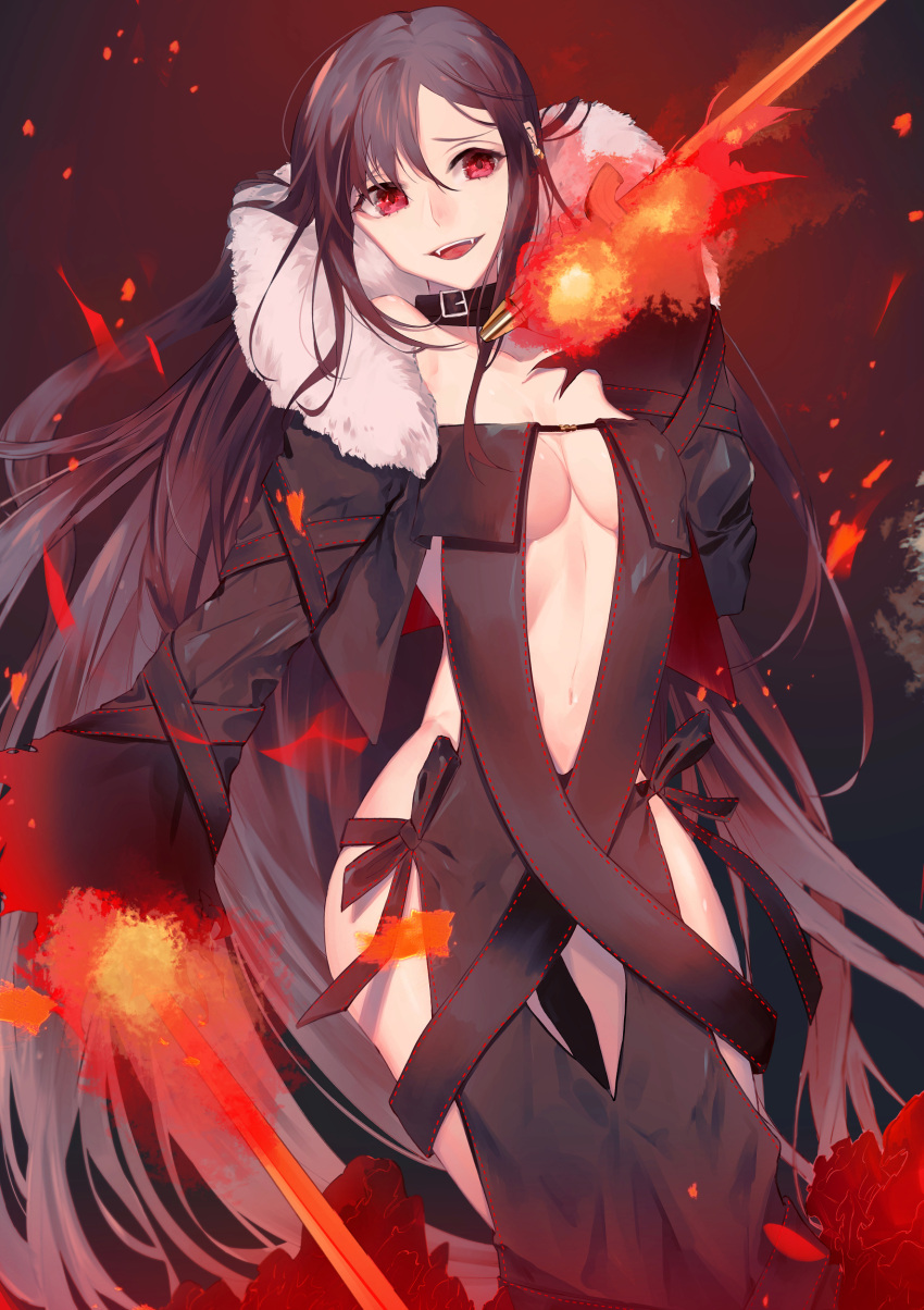 1girl :d absurdres black_dress breasts brown_hair center_opening choker consort_yu_(fate) dress earrings fangs fate/grand_order fate_(series) fire fur_collar fur_trim hair_between_eyes highres holding holding_sword holding_weapon jewelry long_hair looking_at_viewer medium_breasts navel open_mouth red_eyes sidelocks smile solo sou_230 standing sword weapon