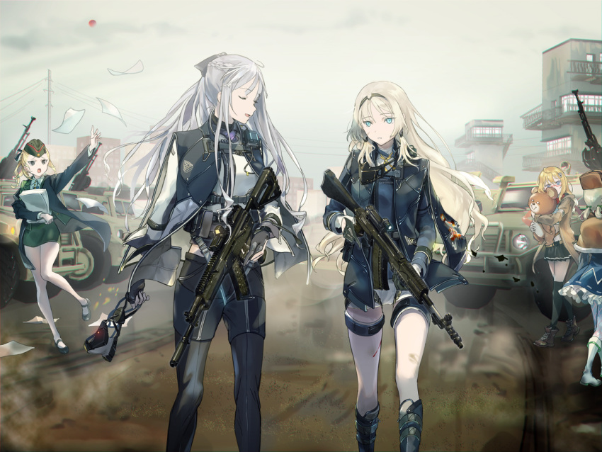 4girls ak-12 ak-12_(girls_frontline) an-94 an-94_(girls_frontline) as_val_(girls_frontline) assault_rifle bangs blonde_hair blue_eyes braid cape car character_request closed_mouth commentary_request eyebrows_visible_through_hair french_braid full_body girls_frontline glasses gloves ground_vehicle gun hair_ornament hairband hairclip holding holding_gun holding_mask holding_weapon jacket long_hair long_sleeves looking_at_another mask mask_removed motor_vehicle multiple_girls open_mouth outdoors ribbon rifle scarf short_hair sidelocks silver_hair skirt smile standing strap_gap stuffed_toy thigh-highs trigger_discipline very_long_hair weapon wss_(32656138)