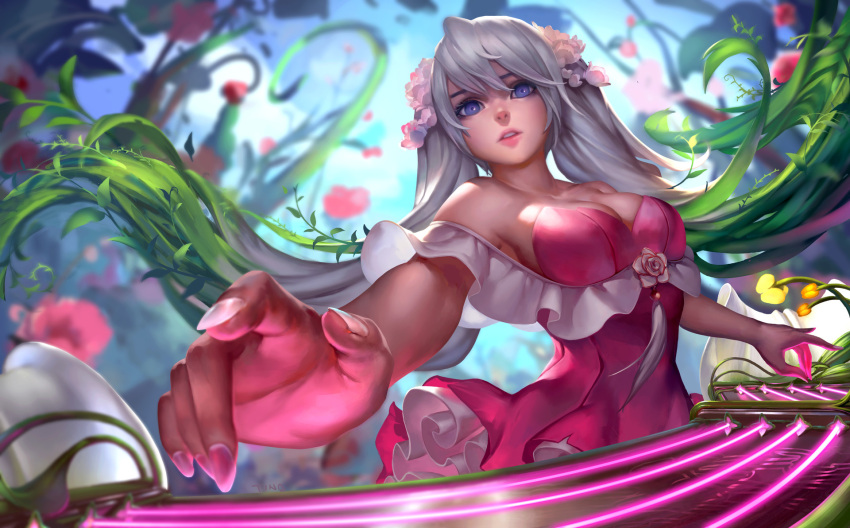 1girl alternate_costume bare_shoulders dress flower glowing grey_hair highres instrument league_of_legends long_hair looking_at_viewer nail_polish parted_lips pink_nails plant solo sona_buvelle tinadraw twintails upper_body vines violet_eyes