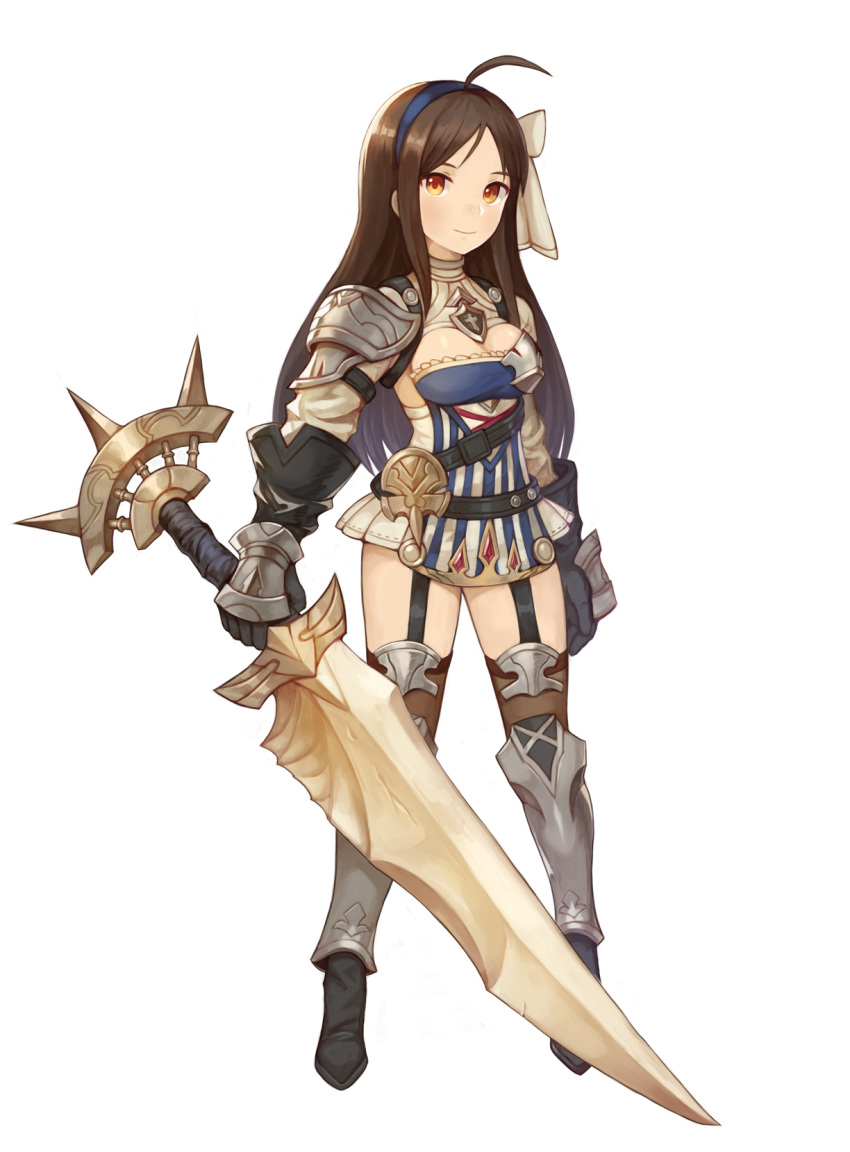 1girl ahoge armor black_gloves boots breasts brown_eyes brown_hair closed_mouth full_body garter_straps gauntlets gloves hairband highres holding holding_sword holding_weapon legs_apart long_hair looking_at_viewer medium_breasts original simple_background smile solo sookmo standing sword weapon white_background