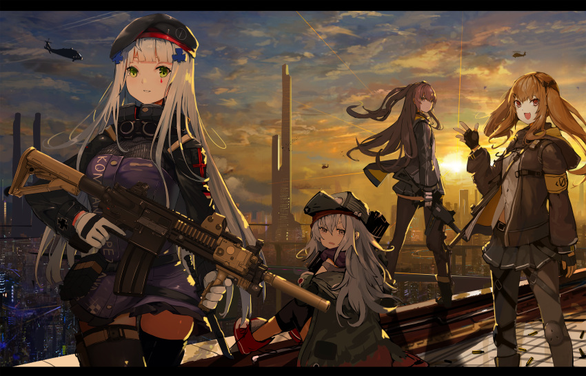 404_(girls_frontline) absurdres aircraft ammunition_belt armband assault_rifle bangs beret black_bow black_hat black_jacket black_legwear black_ribbon black_shorts blunt_bangs bow brown_eyes brown_hair closed_mouth coat commentary_request crossed_bangs facial_mark finger_on_trigger fingerless_gloves full_body g11 g11_(girls_frontline) girls_frontline gloves green_eyes green_hat green_jacket grey_eyes grey_hair gun h&amp;k_ump h&amp;k_ump45 h&amp;k_ump9 hair_ornament hairclip hat heckler_&amp;_koch helicopter highres hk416 hk416_(girls_frontline) holding holding_gun holding_weapon hood hood_down hooded_jacket hukahire0120 jacket knee_pads long_hair long_sleeves magazine_(weapon) messy_hair multiple_girls one_side_up open_clothes open_coat open_jacket open_mouth outdoors pantyhose plaid plaid_skirt ribbon rifle scar scar_across_eye scarf_on_head shirt shorts shoulder_cutout skirt smile standing submachine_gun sunset teardrop thigh-highs trigger_discipline ump45_(girls_frontline) ump9_(girls_frontline) weapon white_hair white_shirt zettai_ryouiki