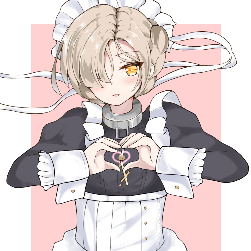 1girl apron azur_lane blonde_hair blush braid breasts hair_over_one_eye heart heart_hands highres long_sleeves luimia maid maid_headdress sheffield_(azur_lane) short_hair victorian_maid yellow_eyes