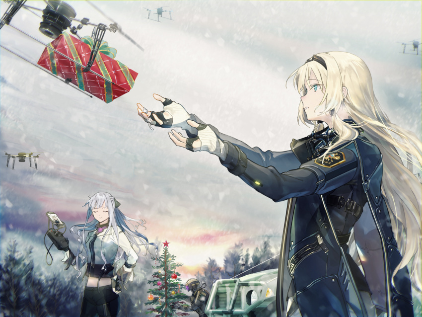 2girls ak-12_(girls_frontline) an-94 an-94_(girls_frontline) assault_rifle bangs blonde_hair blue_eyes box braid cape christmas_ornaments christmas_tree closed_mouth commentary_request eyebrows_visible_through_hair fingerless_gloves french_braid gift gift_box girls_frontline gloves gun hairband holding jacket long_hair long_sleeves multiple_girls ribbon rifle robot sidelocks silver_hair smile snow very_long_hair weapon wss_(32656138)