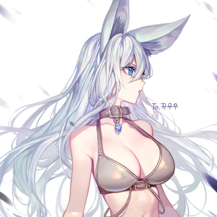 1girl animal_ears blue_eyes breasts bright_pupils chyan cleavage collar destiny_child hair_between_eyes highres jewelry large_breasts long_hair looking_away moonlight_warwolf_(destiny_child) navel parted_lips pendant profile solo white_hair