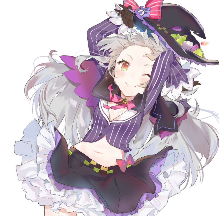 1girl bangs black_capelet black_gloves black_hat black_skirt blunt_bangs blush bow brooch capelet closed_mouth crop_top gloves green_eyes hat hat_bow highres hololive jewelry long_hair long_sleeves looking_at_viewer lowleg_skirt midriff multicolored multicolored_eyes murasaki_shion nanakagura navel orange_eyes ribbon silver_hair skirt smile solo striped vertical_stripes virtual_youtuber white_background witch_hat
