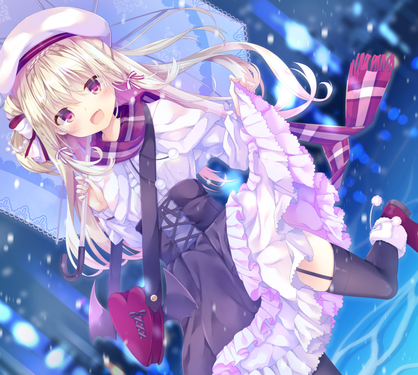 1girl bag blonde_hair blurry blurry_background braid capelet dutch_angle fang frilled_skirt frills garter_straps gothic_lolita hat heart highres kinokomushi lifted_by_self lolita_fashion long_hair looking_at_viewer open_mouth original outdoors red_eyes running scarf skirt skirt_lift snowing solo thigh-highs umbrella