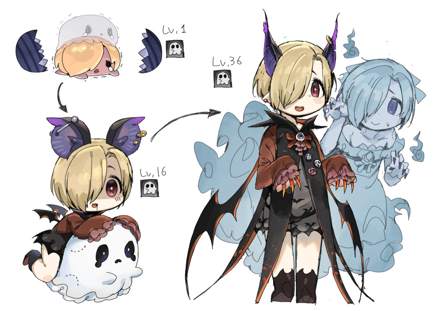 1girl animal_ears asymmetrical_hair badge bat_band_legwear bat_ears bat_wings black_legwear black_panties blood blood_on_face button_badge claws cropped_legs dress dual_persona ear_piercing earrings egg evolution eyeball fang fingernails frilled_dress frills ghost hair_over_one_eye hatching highres idolmaster idolmaster_cinderella_girls jewelry level_up long_dress long_fingernails long_sleeves mini_wings mount multiple_views panties piercing red_eyes see-through sharp_nails shirasaka_koume short_hair simple_background sleeves_past_wrists spawnfoxy thigh-highs underwear white_background wings