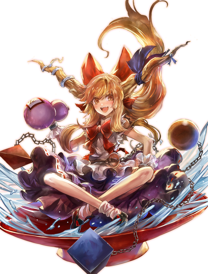 1girl :d alcohol bangs bare_arms bare_shoulders black_footwear blouse blue_ribbon blue_skirt blush bow bowtie brown_eyes chains cube cuffs cup eyebrows_visible_through_hair fangs floating_hair full_body gourd hair_bow highres holding horn_ribbon horns ibuki_suika indian_style kozou_(soumuden) loafers long_hair looking_at_viewer oni oni_horns open_mouth orange_hair red_bow red_neckwear ribbon sakazuki sake shackles shoes sitting skirt sleeveless sleeveless_blouse smile socks solo sphere touhou transparent_background v-shaped_eyebrows very_long_hair white_blouse white_legwear wrist_cuffs