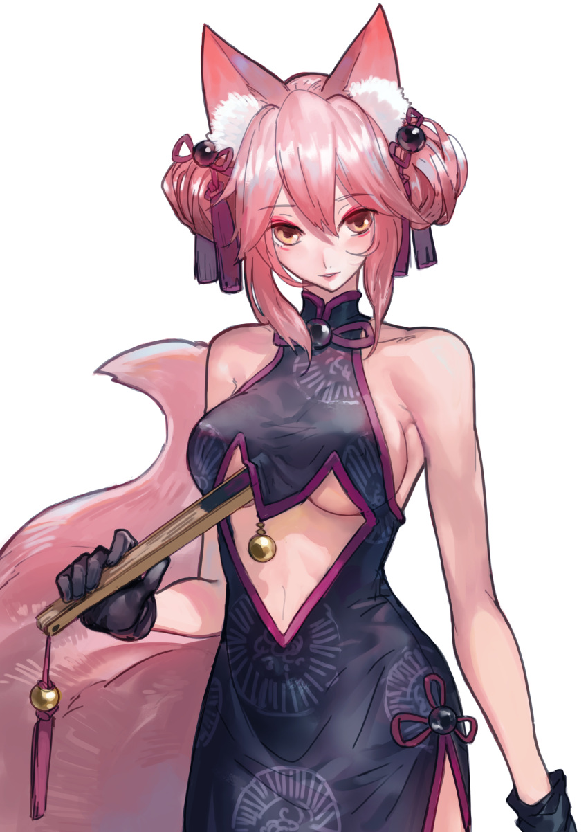 1girl absurdres animal_ears bare_shoulders black_gloves breasts center_opening china_dress chinese_clothes cowboy_shot dress eyebrows_visible_through_hair fan fate/grand_order fate_(series) fox_ears fox_tail gloves highres holding jun_(5455454541) koyanskaya large_breasts looking_at_viewer pink_hair short_hair side_slit simple_background solo standing tail tamamo_(assassin)_(fate) tamamo_(fate)_(all) under_boob white_background yellow_eyes